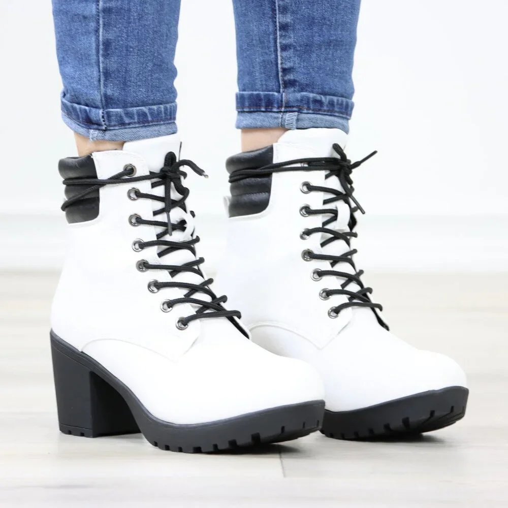White Lace-Up Ankle Boots with Black Rugged Sole and Padded Collar - Picture 3 of 12